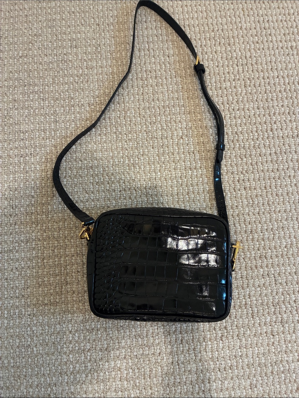 Quince Black Croc-Embossed Crossbody Bag with Gold Hardware